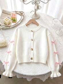 SHEIN Vintaside Kids 女童秋冬手工蝴蝶結針織長袖開襟毛衣，休閒日常穿著 - 白色 - 查看 6