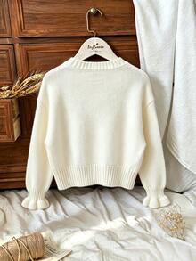 SHEIN Vintaside Kids 女童秋冬手工蝴蝶結針織長袖開襟毛衣，休閒日常穿著 - 白色 - 查看 3