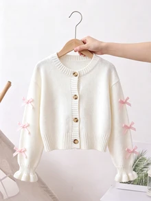 SHEIN Vintaside Kids 女童秋冬手工蝴蝶結針織長袖開襟毛衣，休閒日常穿著 - 白色 - 查看 5