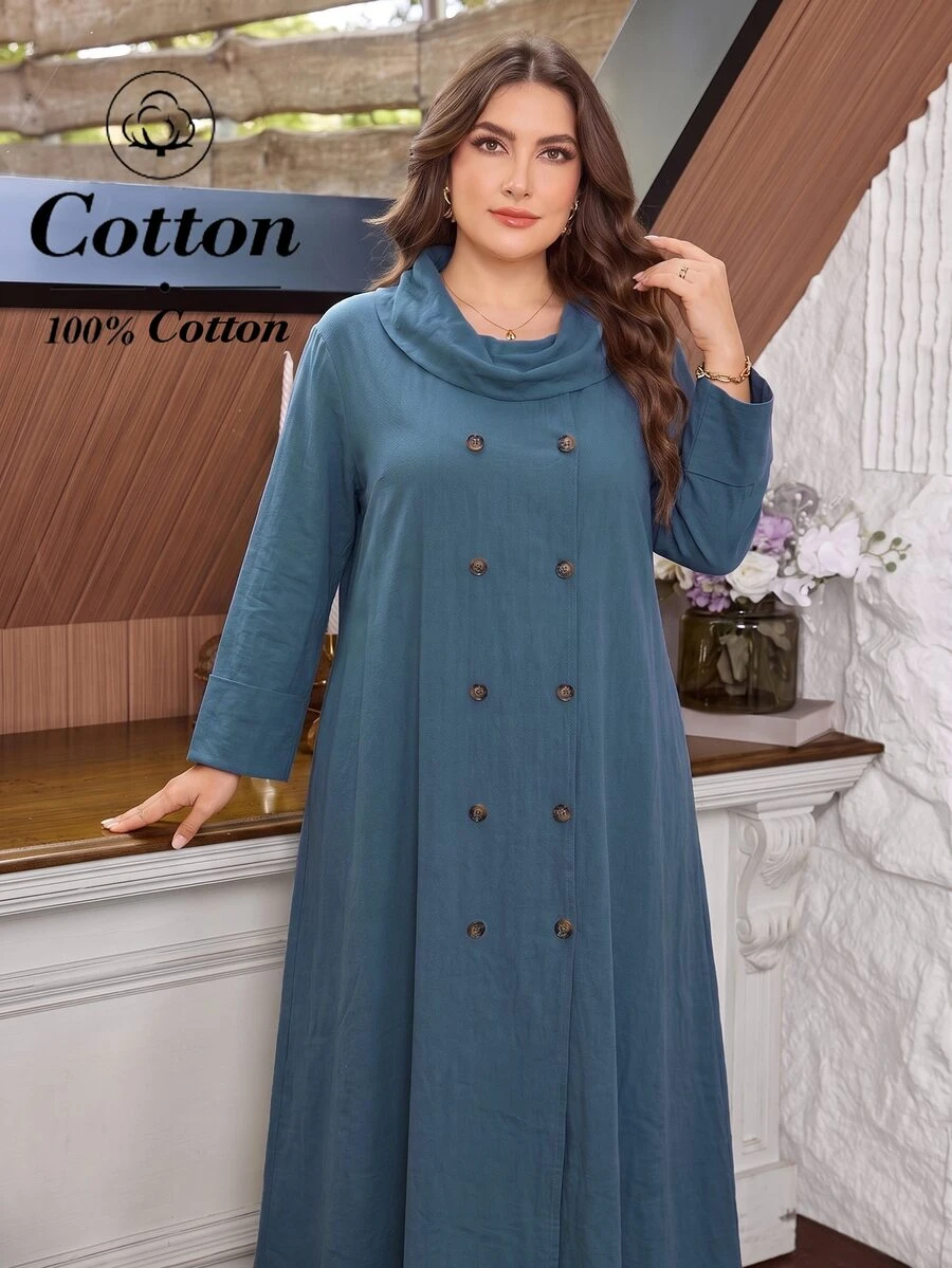 Lacomfia Plus Size Loose Fit Cotton Fabric Dress With Front Button Design, Casual Style, Suitable For Spring/Summer Daily Wear - Navy Blue - View 1