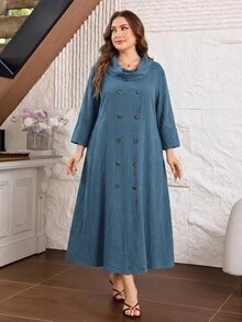 Lacomfia Plus Size Loose Fit Cotton Fabric Dress With Front Button Design, Casual Style, Suitable For Spring/Summer Daily Wear - Navy Blue - View 5