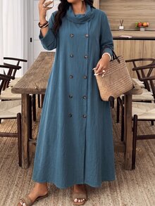 Lacomfia Plus Size Loose Fit Cotton Fabric Dress With Front Button Design, Casual Style, Suitable For Spring/Summer Daily Wear - Navy Blue - View 7