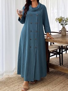 Lacomfia Plus Size Loose Fit Cotton Fabric Dress With Front Button Design, Casual Style, Suitable For Spring/Summer Daily Wear - Navy Blue - View 8