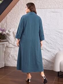 Lacomfia Plus Size Loose Fit Cotton Fabric Dress With Front Button Design, Casual Style, Suitable For Spring/Summer Daily Wear - Navy Blue - View 2