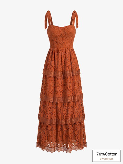 VOLUPTÉ CURVE Women's Summer Red Lace Spaghetti Strap Tiered Maxi Dress, Elegant Birthday Party Vacation Wedding Guest Dress Women