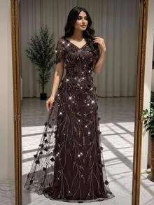 Serin Elegant Classy Luxurious Off-Shoulder Sleeve 3D Floral Beaded Embroidered Lace Patchwork Elastic Knit Mesh Ruched Full Skirt Evening Gown Brown Winter - Coffee Brown - View 2