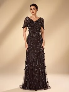 Serin Elegant Classy Luxurious Off-Shoulder Sleeve 3D Floral Beaded Embroidered Lace Patchwork Elastic Knit Mesh Ruched Full Skirt Evening Gown Brown Winter - Coffee Brown - View 4