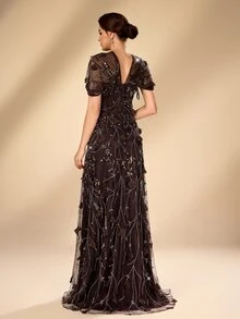 Serin Elegant Classy Luxurious Off-Shoulder Sleeve 3D Floral Beaded Embroidered Lace Patchwork Elastic Knit Mesh Ruched Full Skirt Evening Gown Brown Winter - Coffee Brown - View 3