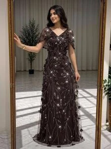 Serin Elegant Classy Luxurious Off-Shoulder Sleeve 3D Floral Beaded Embroidered Lace Patchwork Elastic Knit Mesh Ruched Full Skirt Evening Gown Brown Winter - Coffee Brown - View 5