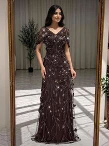 Serin Elegant Classy Luxurious Off-Shoulder Sleeve 3D Floral Beaded Embroidered Lace Patchwork Elastic Knit Mesh Ruched Full Skirt Evening Gown Brown Winter - Coffee Brown - View 6