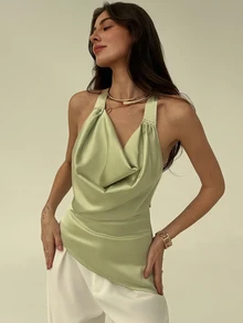Aloruh Light Green Minimalist High-Neck Asymmetric Hem Satin Women Tank Top - Green - View 3