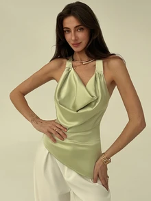 Aloruh Light Green Minimalist High-Neck Asymmetric Hem Satin Women Tank Top - Green - View 1