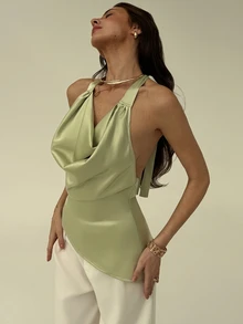 Aloruh Light Green Minimalist High-Neck Asymmetric Hem Satin Women Tank Top - Green - View 5