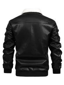 Marvello Homme Men's Fashion Borg Collar Zipper Jacket, Autumn Black Long Sleeve Color Block PU Leather For Friends, Husband, Boyfriend Gifts, Grunge - Black - View 2