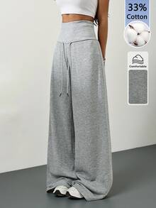 SHEIN Tall 灰色針織抓絨抽繩腰寬鬆運動長褲，秋季畢業季返校穿搭，女教師休閒寬腿健身褲 - 灰色 - 查看 10