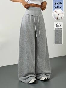 SHEIN Tall 灰色針織抓絨抽繩腰寬鬆運動長褲，秋季畢業季返校穿搭，女教師休閒寬腿健身褲 - 灰色 - 查看 7
