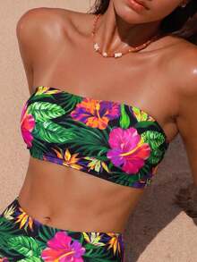 Swim Lushoire 女士夏季花卉随机印花抹胸比基尼上衣，适合海滩度假 - 彩色 - 查看 4