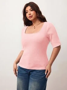 Enliva Plus Size Women's High Elasticity Slim Fit Square Neck Short Sleeve T-Shirt, Skin-Friendly Spring/Summer Style, Flattering For Round Body Shape (Suitable For Apple-Shaped Body) - Pink - View 3