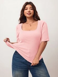 Enliva Plus Size Women's High Elasticity Slim Fit Square Neck Short Sleeve T-Shirt, Skin-Friendly Spring/Summer Style, Flattering For Round Body Shape (Suitable For Apple-Shaped Body) - Pink - View 4