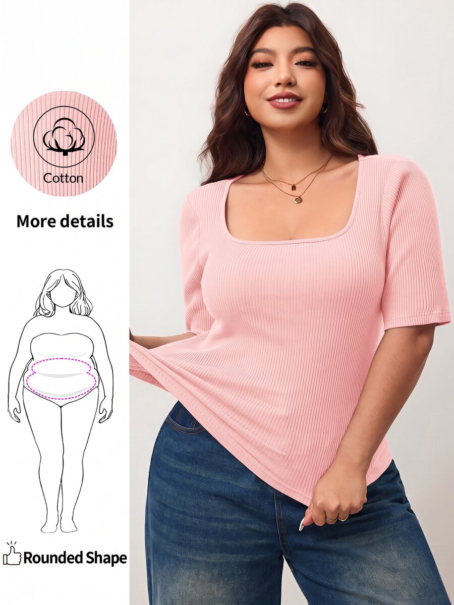 Enliva Plus Size Women's High Elasticity Slim Fit Square Neck Short Sleeve T-Shirt, Skin-Friendly Spring/Summer Style, Flattering For Round Body Shape (Suitable For Apple-Shaped Body) - Pink - View 1