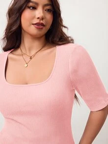 Enliva Plus Size Women's High Elasticity Slim Fit Square Neck Short Sleeve T-Shirt, Skin-Friendly Spring/Summer Style, Flattering For Round Body Shape (Suitable For Apple-Shaped Body) - Pink - View 5