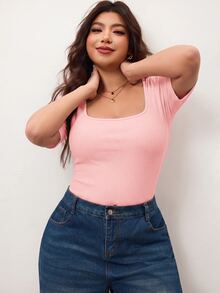 Enliva Plus Size Women's High Elasticity Slim Fit Square Neck Short Sleeve T-Shirt, Skin-Friendly Spring/Summer Style, Flattering For Round Body Shape (Suitable For Apple-Shaped Body) - Pink - View 8