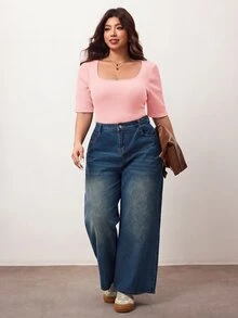 Enliva Plus Size Women's High Elasticity Slim Fit Square Neck Short Sleeve T-Shirt, Skin-Friendly Spring/Summer Style, Flattering For Round Body Shape (Suitable For Apple-Shaped Body) - Pink - View 6