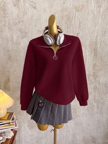 Attitoon Solid Half Zip Drop Shoulder Sweatshirt - Red Violet - View 6