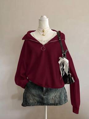Attitoon Solid Half Zip Drop Shoulder Sweatshirt