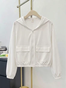 SHEIN 青少年女孩編織素色貼袋短版寬鬆休閒連帽外套，秋冬款 - 白色 - 查看 10