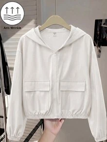 SHEIN 青少年女孩編織素色貼袋短版寬鬆休閒連帽外套，秋冬款 - 白色 - 查看 9