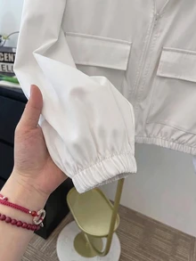 SHEIN 青少年女孩編織素色貼袋短版寬鬆休閒連帽外套，秋冬款 - 白色 - 查看 4