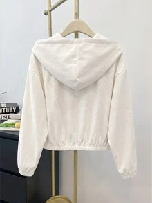 SHEIN 青少年女孩編織素色貼袋短版寬鬆休閒連帽外套，秋冬款 - 白色 - 查看 2