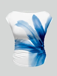 EMERY ROSE Plus Size 3 Pack Boat Neck Cap Sleeve Side Ruched Fitted T Shirts, Solid & Watercolor Floral Print Slim Casual Tops Women Summer Daily Multipack Tees - Multicolor - View 3
