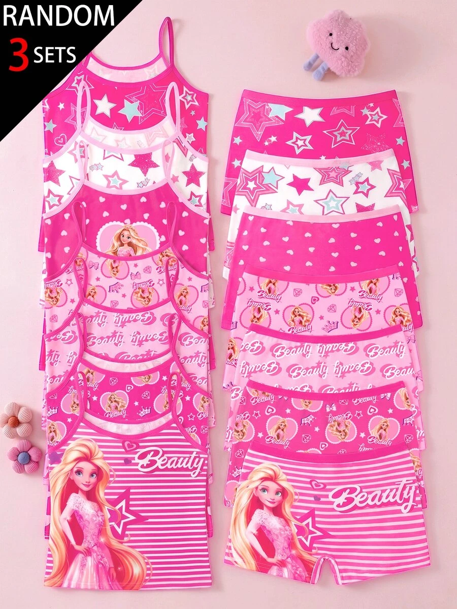 Random 3 Setspink Cute Girl, Heart And Crown Full Print, Suspender Underwear Set - Multicolor - View 1
