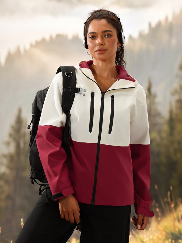 Exploreva Damen Farbblock Kapuzen Outdoor Softshell Jacke