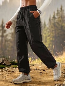 SHEIN Sports Women's Solid Color Casual Breezy Versatile Daily Outdoor Long Pants Camping Vacation Black Autumn - Black - View 4