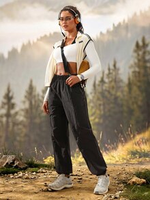 SHEIN Sports Women's Solid Color Casual Breezy Versatile Daily Outdoor Long Pants Camping Vacation Black Autumn - Black - View 6