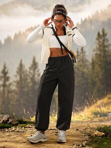 SHEIN Sports Women's Solid Color Casual Breezy Versatile Daily Outdoor Long Pants Camping Vacation Black Autumn - Black - View 7