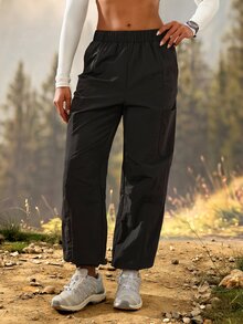 SHEIN Sports Women's Solid Color Casual Breezy Versatile Daily Outdoor Long Pants Camping Vacation Black Autumn - Black - View 3