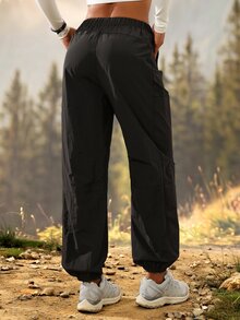 SHEIN Sports Women's Solid Color Casual Breezy Versatile Daily Outdoor Long Pants Camping Vacation Black Autumn - Black - View 2