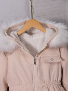 SHEIN 女童冬季新款米色派克夾克外套，長袖抓絨，秋季服飾，時尚白色毛領連帽中長款派克 - 卡其色 - 查看 8