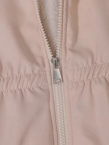 SHEIN 女童冬季新款米色派克夾克外套，長袖抓絨，秋季服飾，時尚白色毛領連帽中長款派克 - 卡其色 - 查看 5