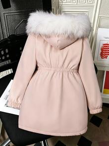 SHEIN 女童冬季新款米色派克夾克外套，長袖抓絨，秋季服飾，時尚白色毛領連帽中長款派克 - 卡其色 - 查看 2