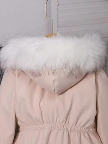 SHEIN 女童冬季新款米色派克夾克外套，長袖抓絨，秋季服飾，時尚白色毛領連帽中長款派克 - 卡其色 - 查看 7