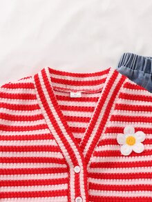 2件組女童秋季新款條紋紅白落肩長袖開襟外套＋休閒直筒藍色牛仔褲，百搭學院風套裝 - 彩色 - 查看 8