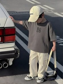 SHEIN 男婴休闲字母印花短袖T恤上衣和阔腿裤套装（2件套），春夏款 - 彩色 - 查看 3