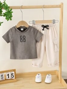 SHEIN 男婴休闲字母印花短袖T恤上衣和阔腿裤套装（2件套），春夏款 - 彩色 - 查看 4