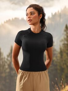 Exploreva Exploreva Women's Solid Color Short Sleeve Daily Fitness Parachute Outdoor Holiday Vacation T-Shirt Black Summer - Black - View 3
