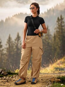 Exploreva Exploreva Women's Solid Color Short Sleeve Daily Fitness Parachute Outdoor Holiday Vacation T-Shirt Black Summer - Black - View 6